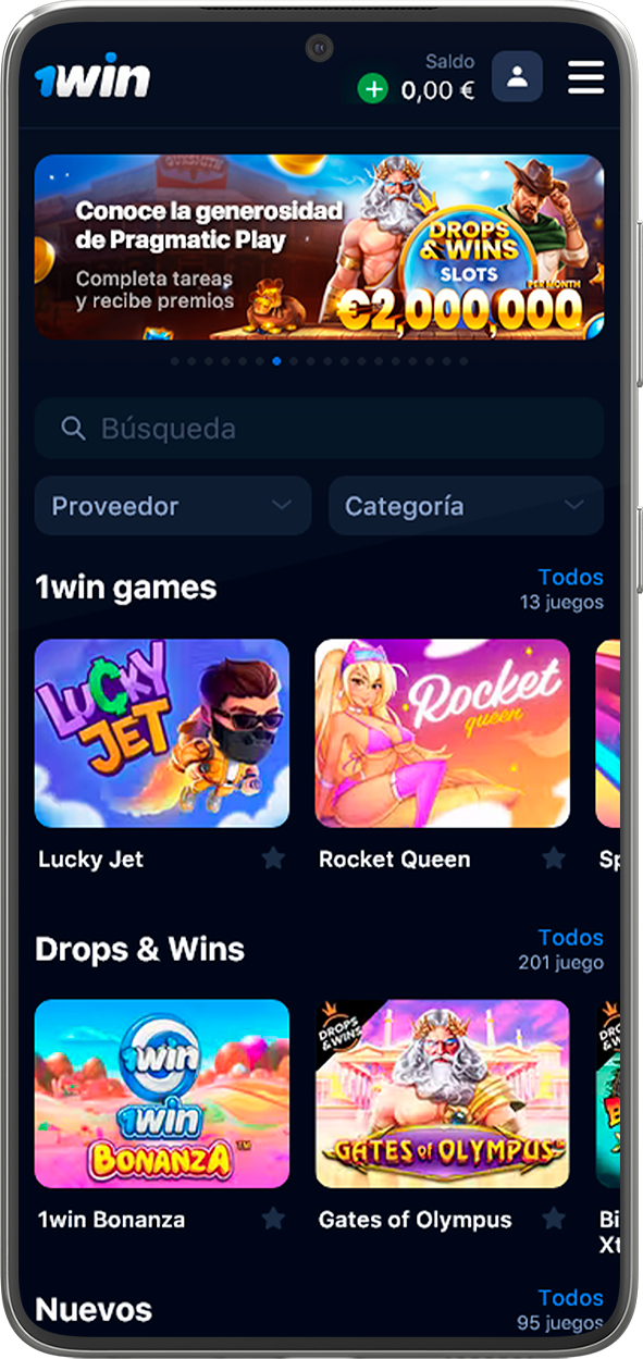 Captura de pantalla de la sección de casino en línea de la aplicación 1WIN