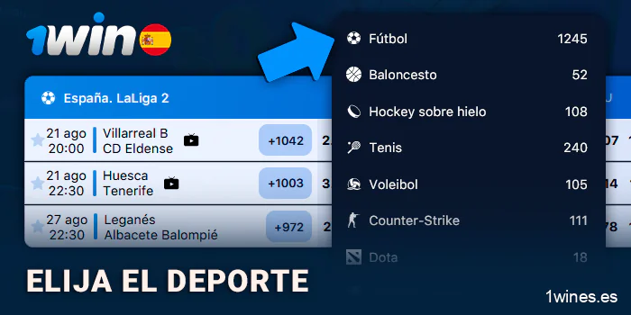 Elige tu deporte y partido en el sitio web de 1Win